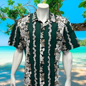 Vintage Hawaii Hawaiian Tropical Luau Aloha Green Hibiscus Flowers Shirt Size XL